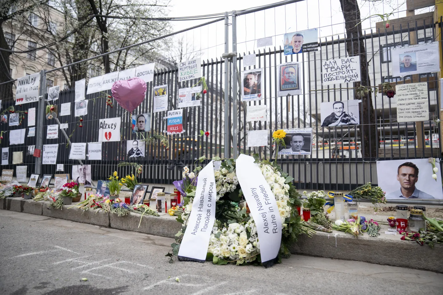 Vene opositsioonijuhi Aleksei Navalnõi mälestuseks asetatud fotod ja lilled Venemaa Viini saatkonna juures.