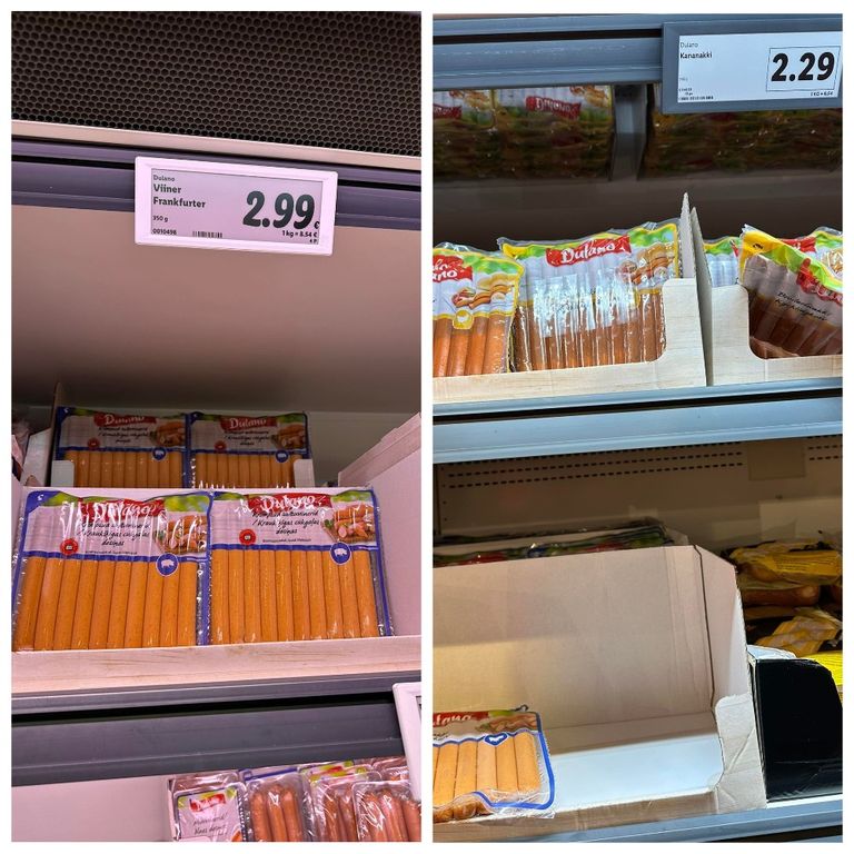 Цена на сосиски в Таллинне (слева) и в Хельсинки (справа).