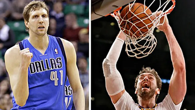 Dirks Novickis (no kreisās) un Pau Gasols