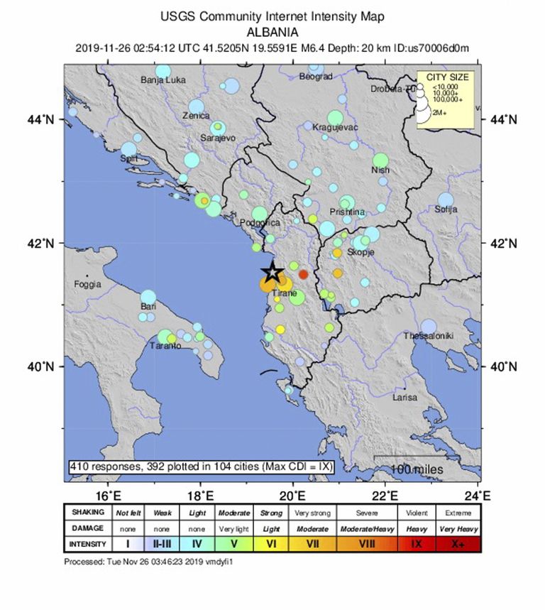 USA geoloogiateenistuse kaart, millel on näidatud Albaania maavärinakohad