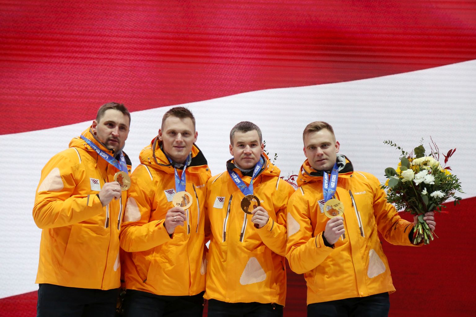 Oskars Melbārdis (no kreisās), Daumants Dreiškens, Arvis Vilkaste un Jānis Strenga