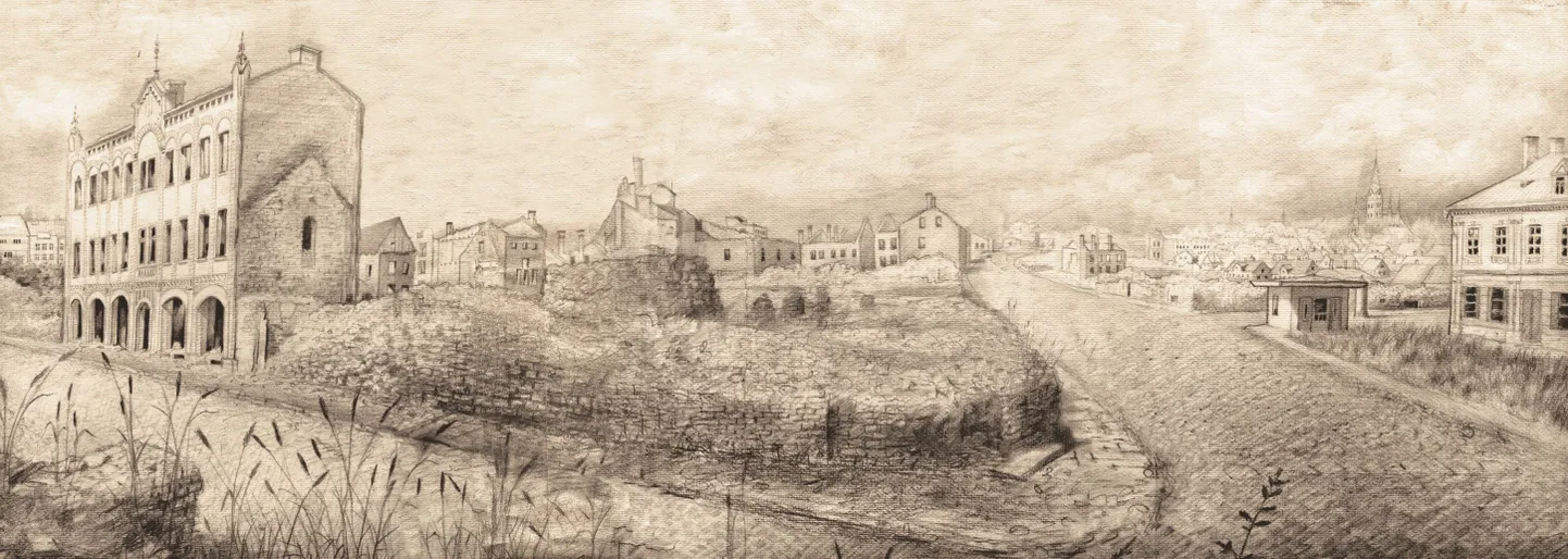 Vaade Narva maanteele (endine Peterburi tee) 1941. aastal. Varemete välja ees kulgeb Raatuse tänav. Paremal on näha praeguse linnamuuseumi hoone ja Shelli bensiinimüügi punkt. Pildi sügavuses paistab õllevabrik Livonia. Hilda Kamdroni joonistus.