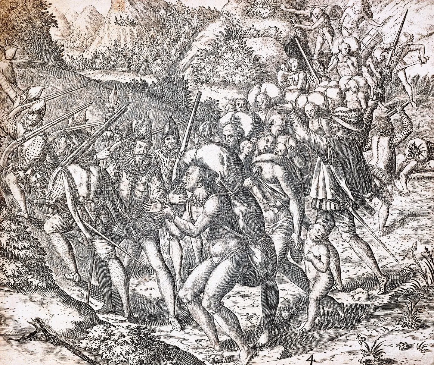 Théodore de Bry gravüür, mis kujutab Ameerika põliseelanikke Hispaania konkistadooride teenistuses.