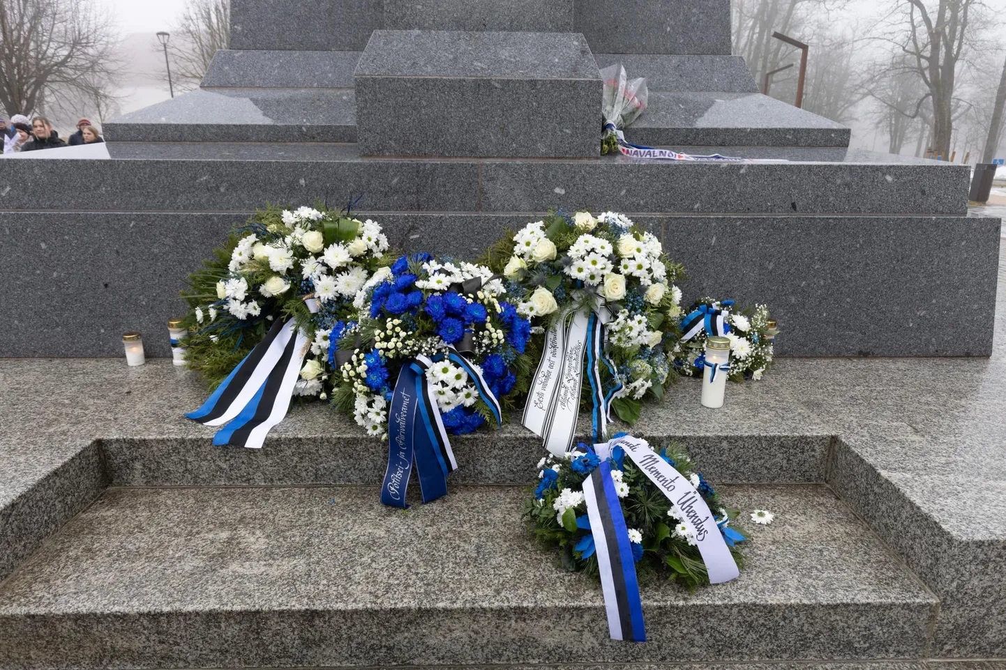 Viljandi vabadussamba jalamile toodud pärgade lähedal lebas ka Vene opositsiooni liidri mälestuseks toodud kimp.