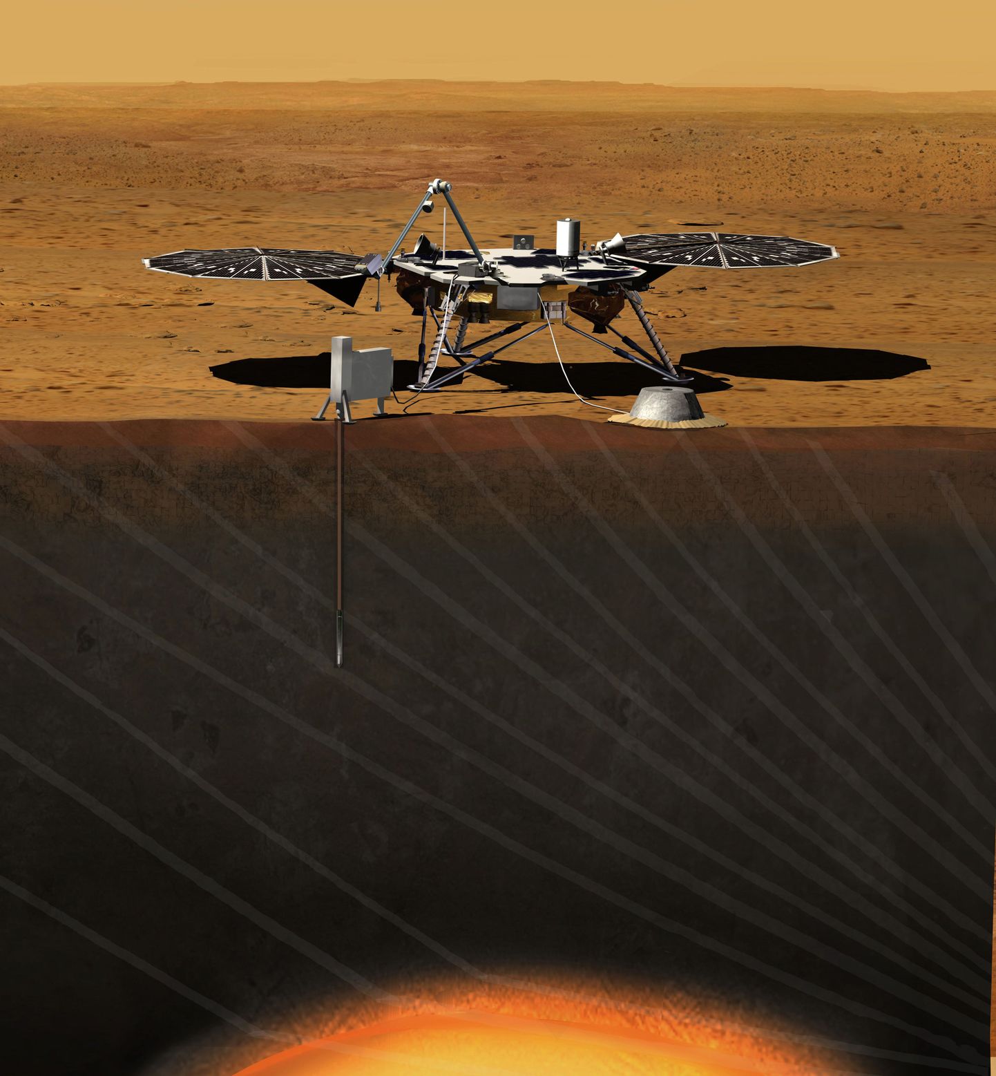 Kunstniku nägemus InSightist Marsi pinnal. NASA edastatud pildil on näha planeedi sügavusse tunginud puuri.