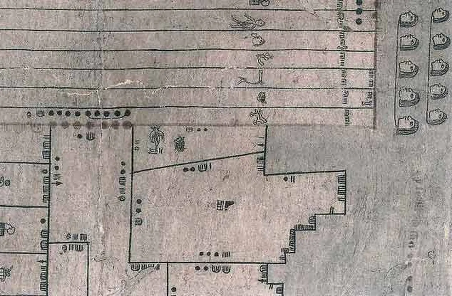 Joonis 1541 aasta käsikirjast. Asteekide poolt tehtud joonisel on näha maade jagamisen ja arvutused, kui palju maamakus tasuda tuleb