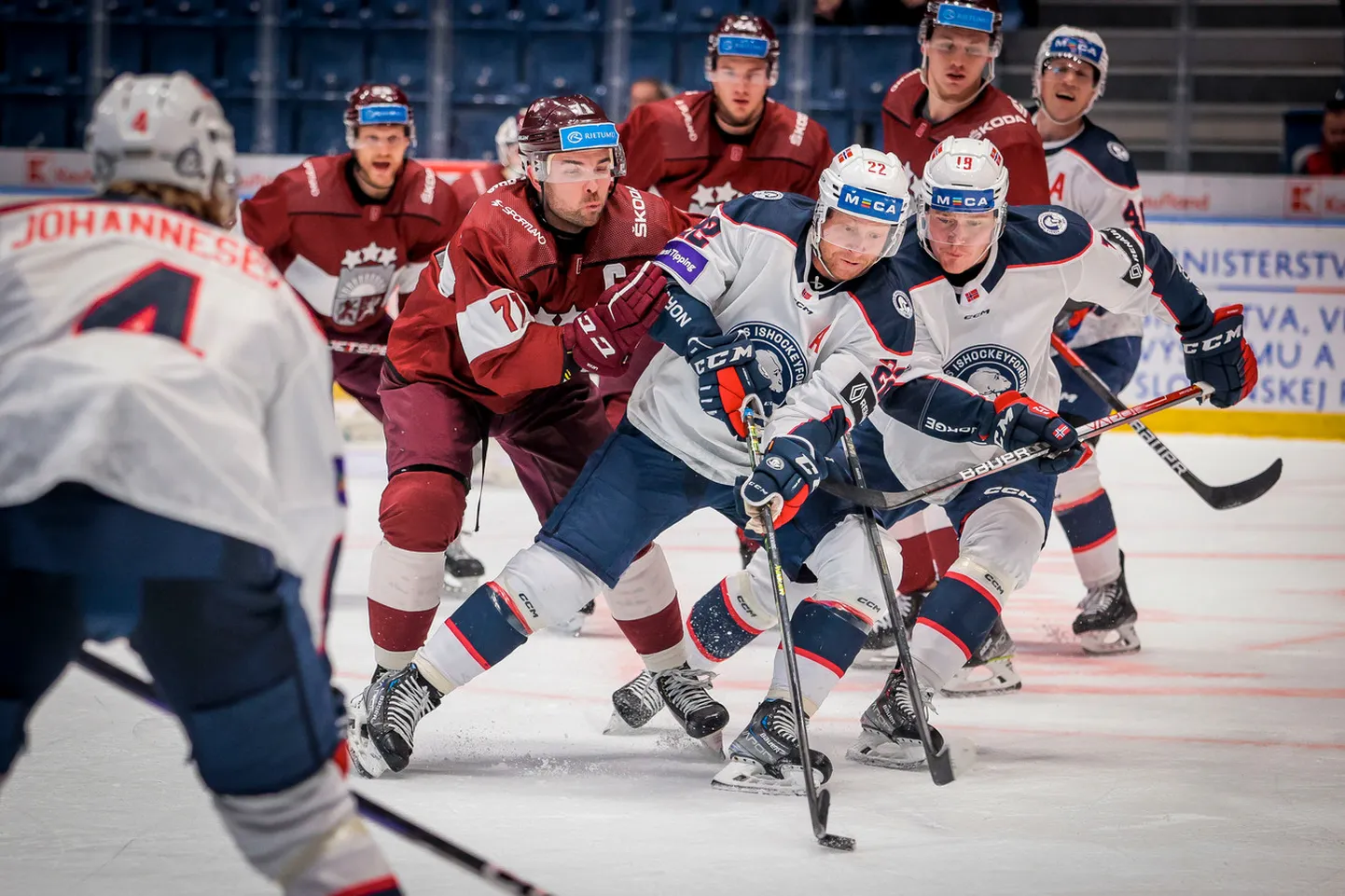 Latvijas hokeja izlase mačā pret Norvēģiju.