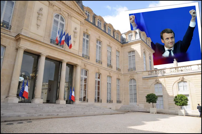 Fototöötlus Élysée paleest ja Emmanuel Macronist