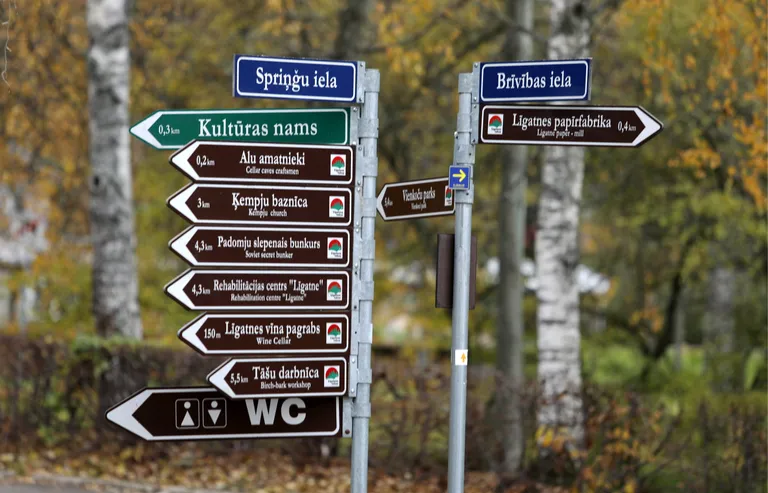 Tūrisma norādes Līgatnes centrā.