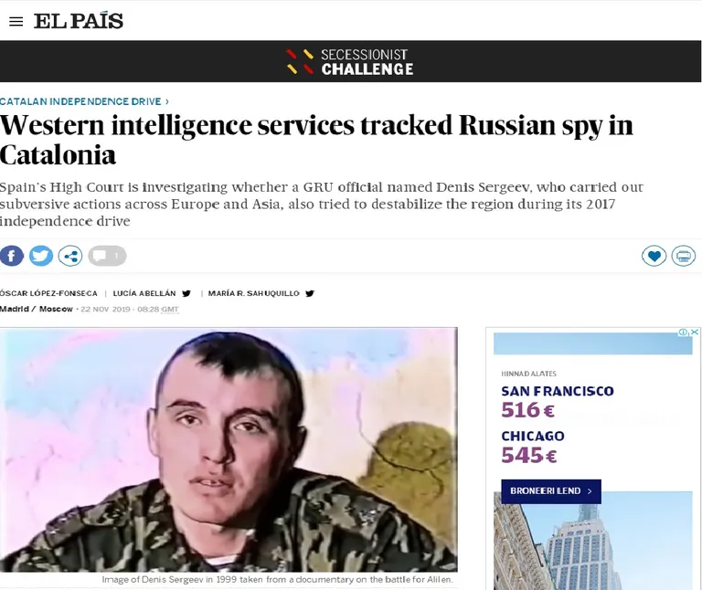 Väljavõte Hispaania päevalehe El Pais uudisest, milles kirjeldatakse GRU spiooni Denis Sergejevi seosest Kataloonia rahutustega.