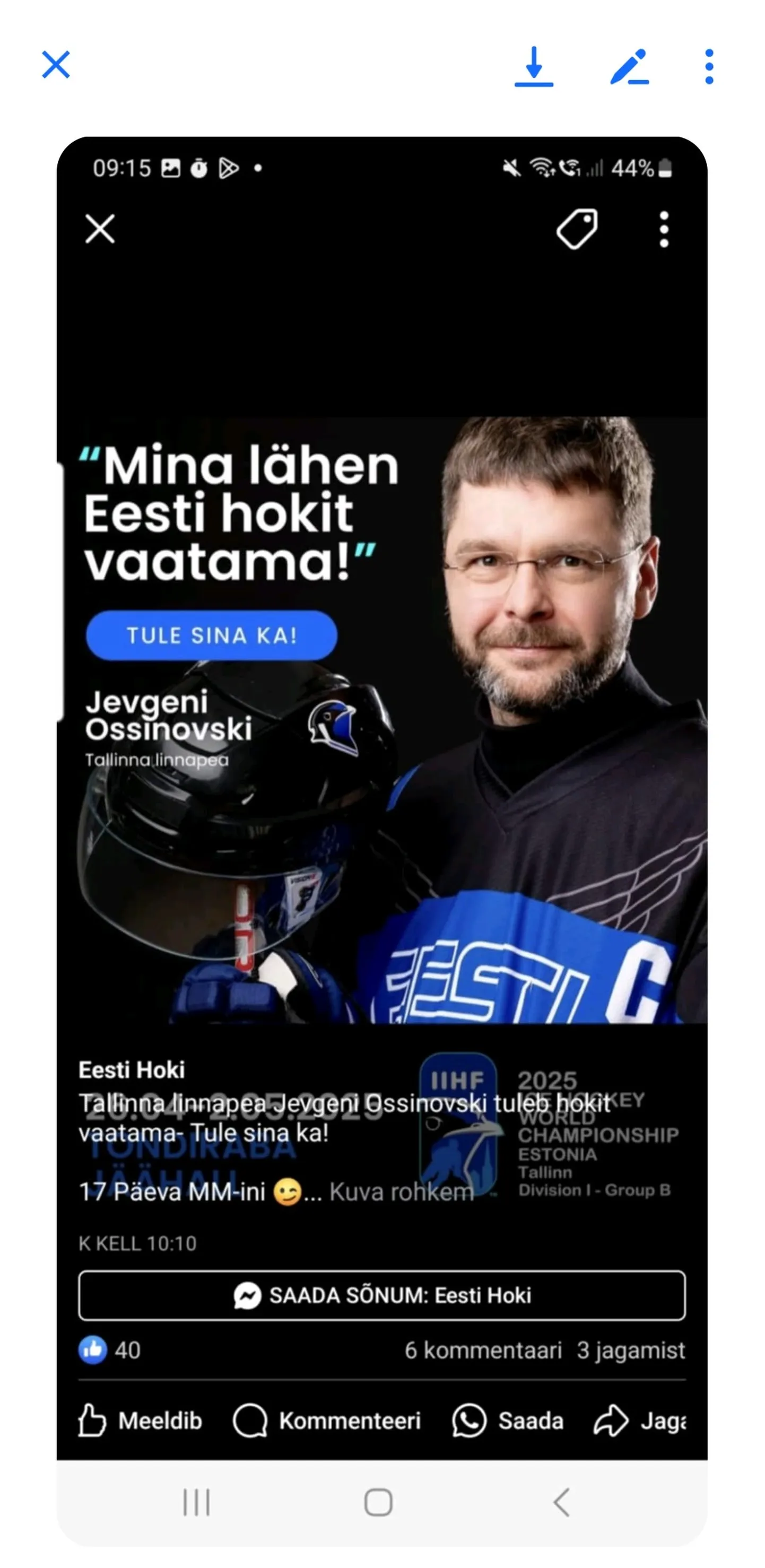 ERJK alustas jäähoki MMi reklaamis osalenud Ossinovski kohta menetluse