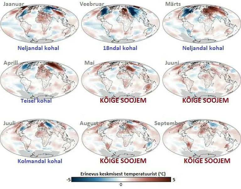 Maailmakaardid iga kuu kohta sel aastal. Punane näitab, et temperatuur oli vähemalt viis kraadi soojem 1981-2010. aastate keskmine samal kuul. Sinine, et temperatuur oli madalam. Allikas: