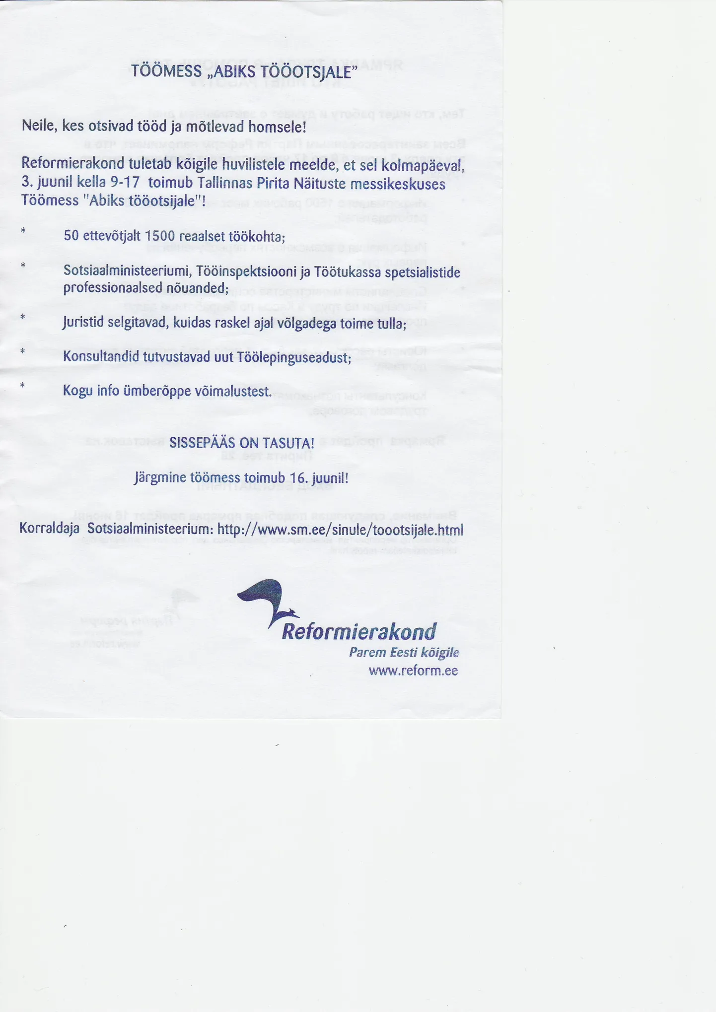 Töömessi reklaamleht, mille tellis Reformierakond.
