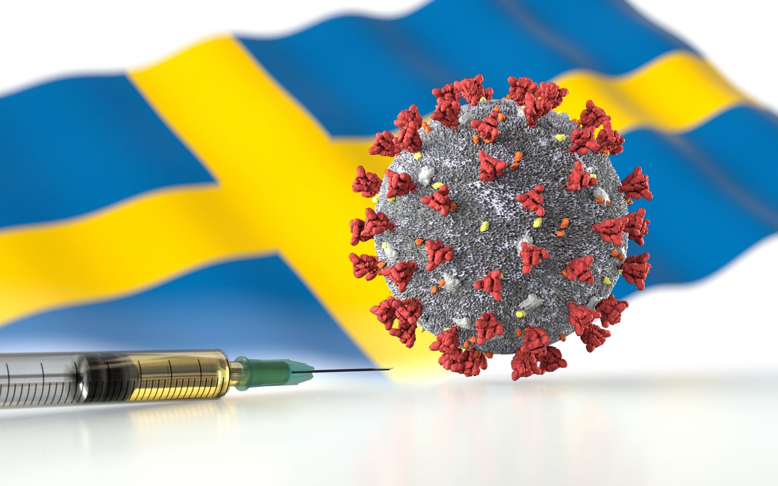 Rootsi lipp, koroonaviiruse osake ja vaktsiiniga süstal. Pilt on illustreeriv