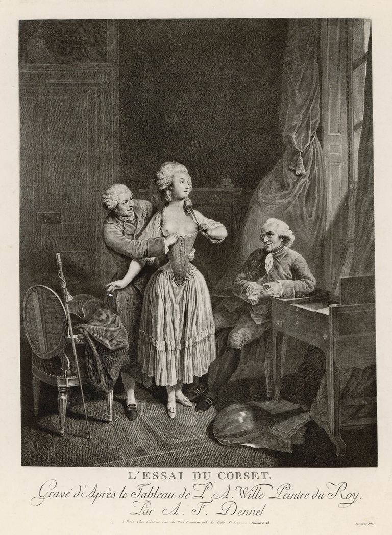 Prantsuse daami riietatakse korsetti. Aasta 1780