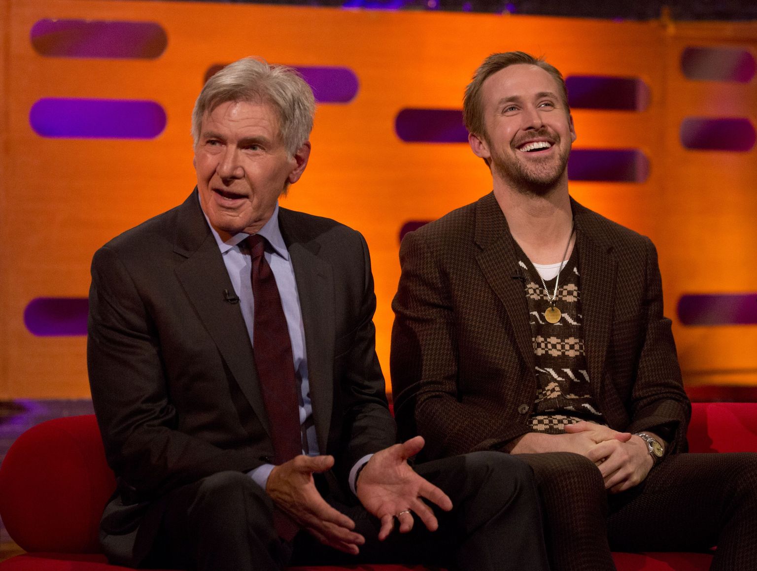 Harrison Ford and Ryan Gosling during filming of the Graham Norton Show at the London Studios, to be aired on BBC One on Friday evening.