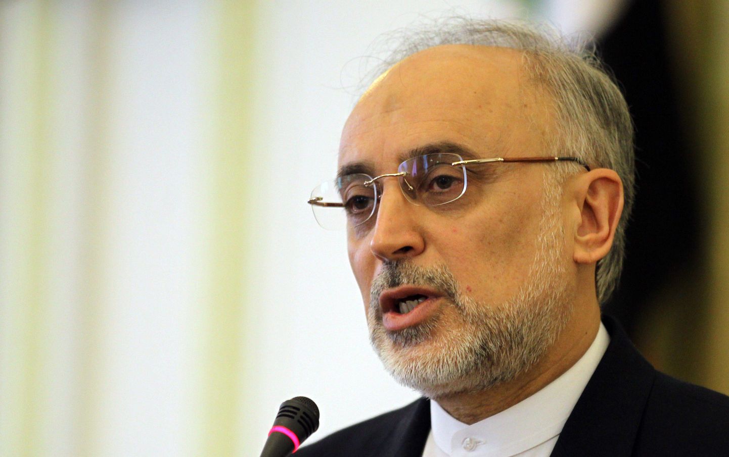 Iraani välisminister Ali Akbar Salehi tänasel pressikonverentsil Teheranis.