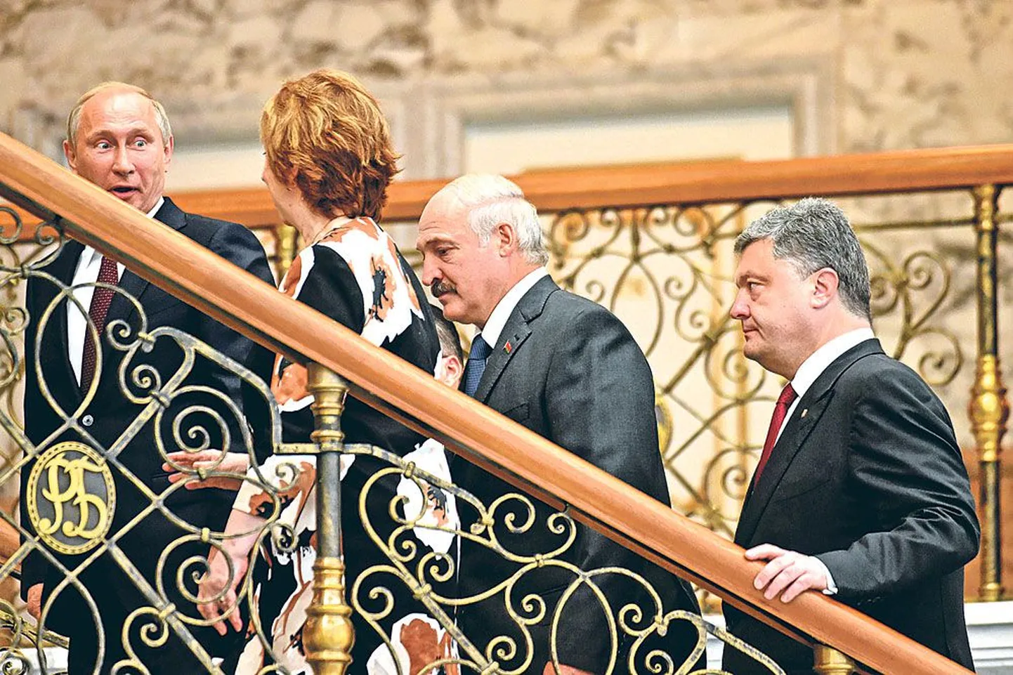 Venemaa president Vladimir Putin, Euroopa Liidu välispoliitika juht Catherine Ashton, Valgevene president Aleksandr Lukašenka ja Ukraina president Petro Porošenko eile Minskis.
