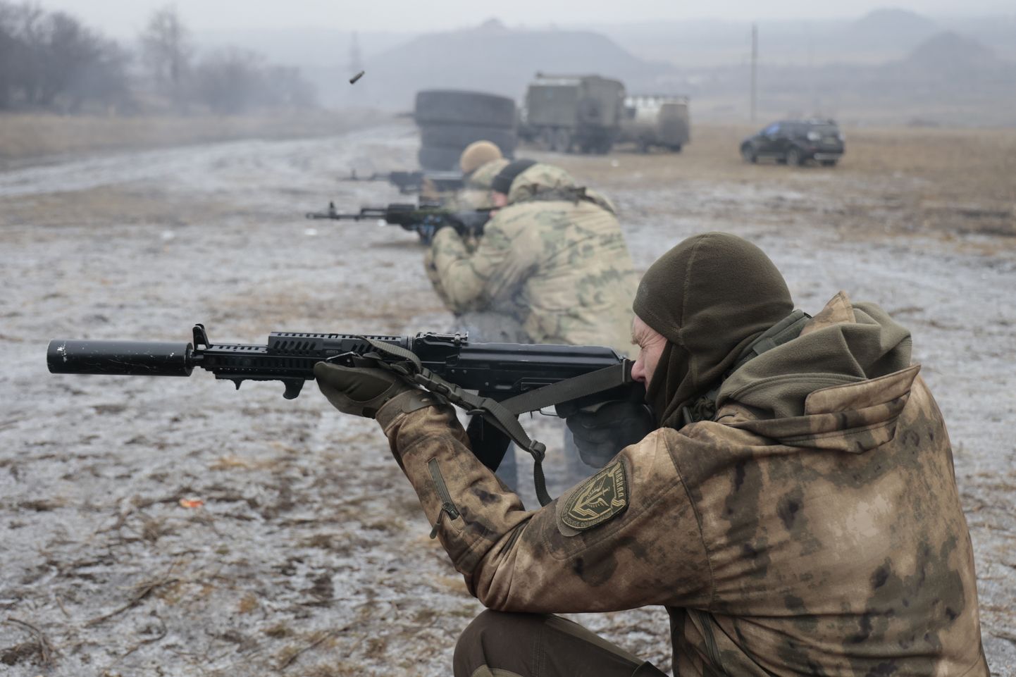 Vene armee sõdurite väljaõppeharjutus Ida-Ukraina okupeeritud aladel 31. jaanuaril 2023.