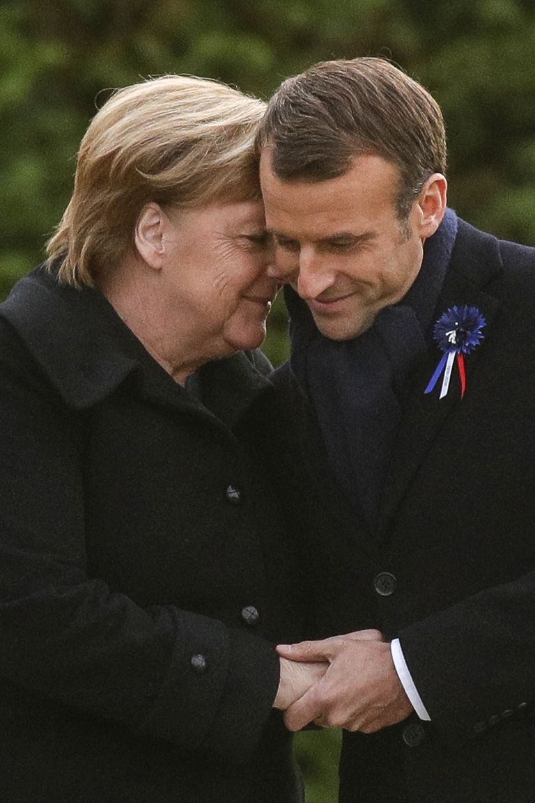 Emmanuel Macron ja Angela Merkel Esimese maailmasõja lõpu mälestussündmusel Põhja-Prantsusmaal Compiègne’is 11. novembril