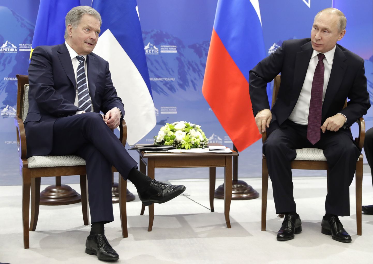 Soome president Sauli Niinistö ja Venemaa president Vladimir Putin aprillis Peterburis Arktika nõukogul.