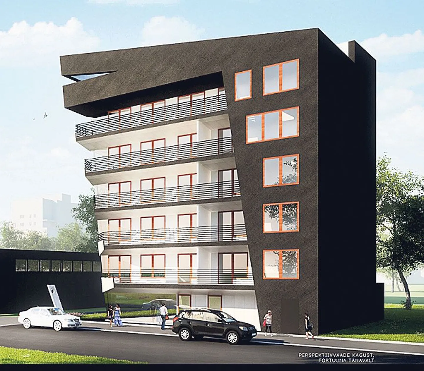 Fortuuna 6 arhitektuurivõistluse võidukavand. Tartu linnavalitsuse nõudmisel tuleb maja ehitada korruse võrra madalam, kui sel eskiisil näidatud.