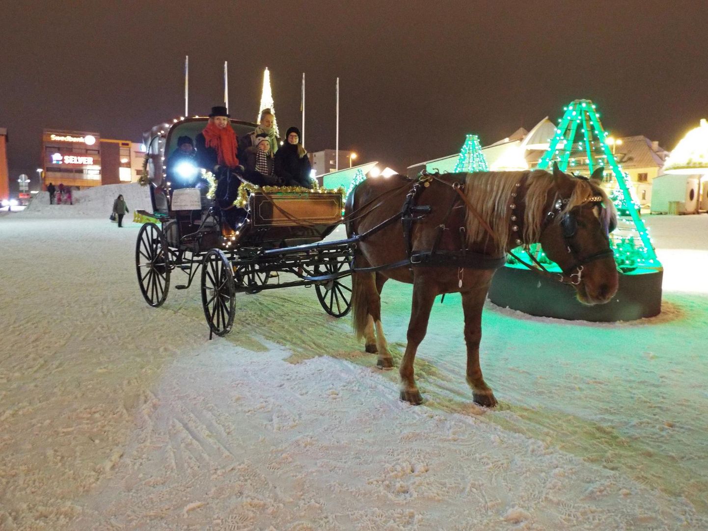 Tori täkk Hurmur ja Kulina mõisaproua Evelin Poolamets tegid Rakvere jõuluturul huvilistele kalessisõitu.