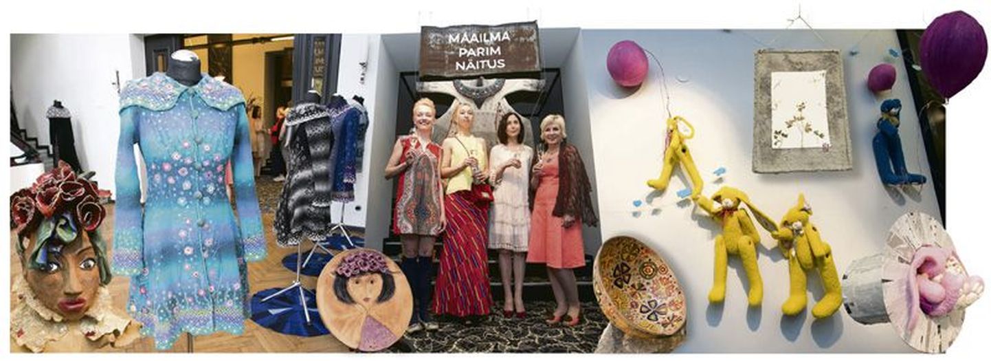 Keset värvepillavat mantli- ja vildikunsti ning keraamikat ja paberit naudivad näituse avamist sama värvikad kunstnikud Signe Torma (vasakult), Marje Õunapuu, Marit Õunapuu ja Janika Saar.