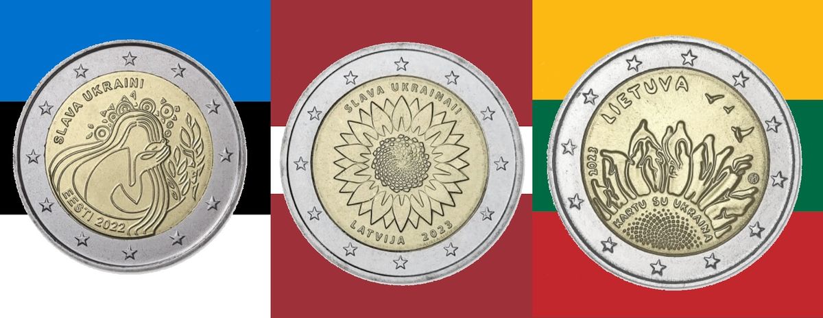 Юбилейные монеты достоинством 2 евро в поддержку Украины.