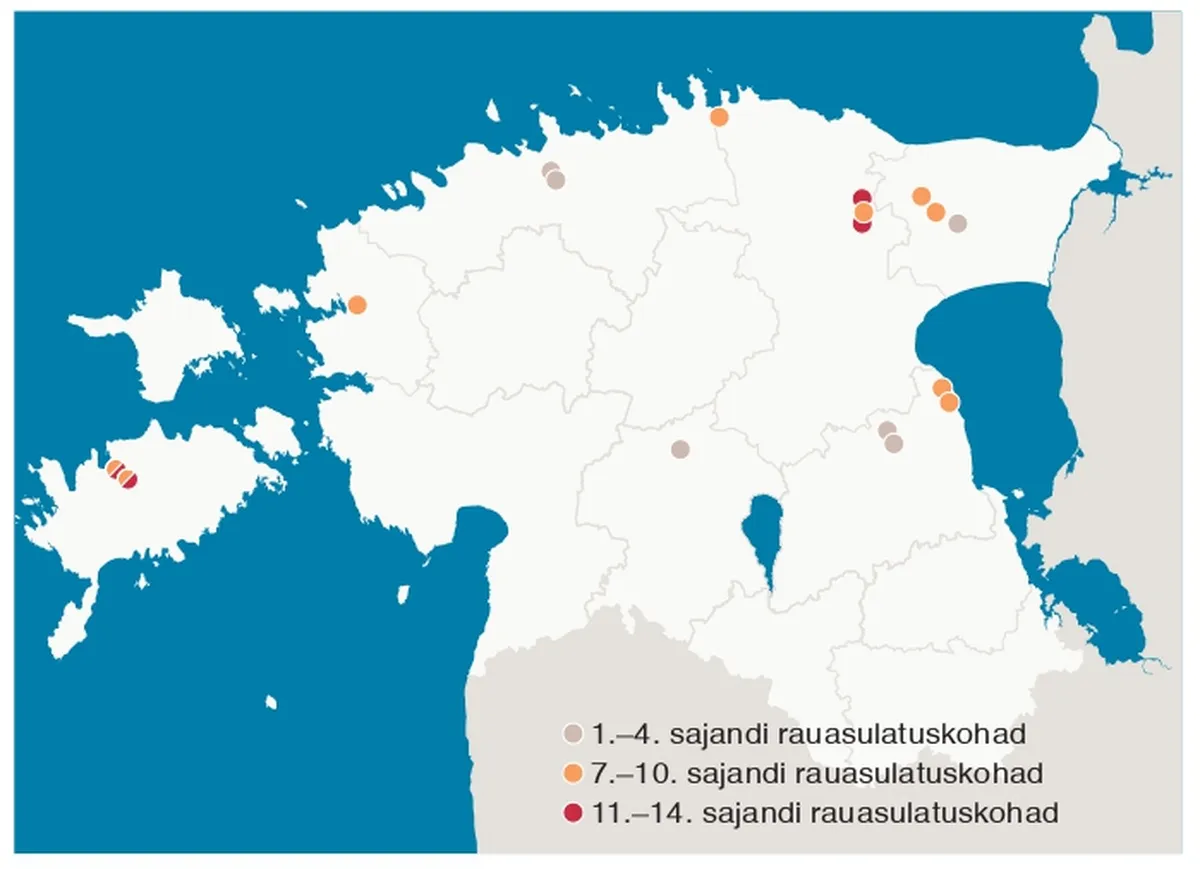 Kaardil on eri värvidega märgitud eri ajastute rauasulatuskohad. Rauasulatuskohtade täpne kaardistamine ajas ja ruumis võib aidata näha, kuidas on rauasulatustehnoloogia Eestis levinud. Täpsem kaardistustöö seisab siiski veel ees.