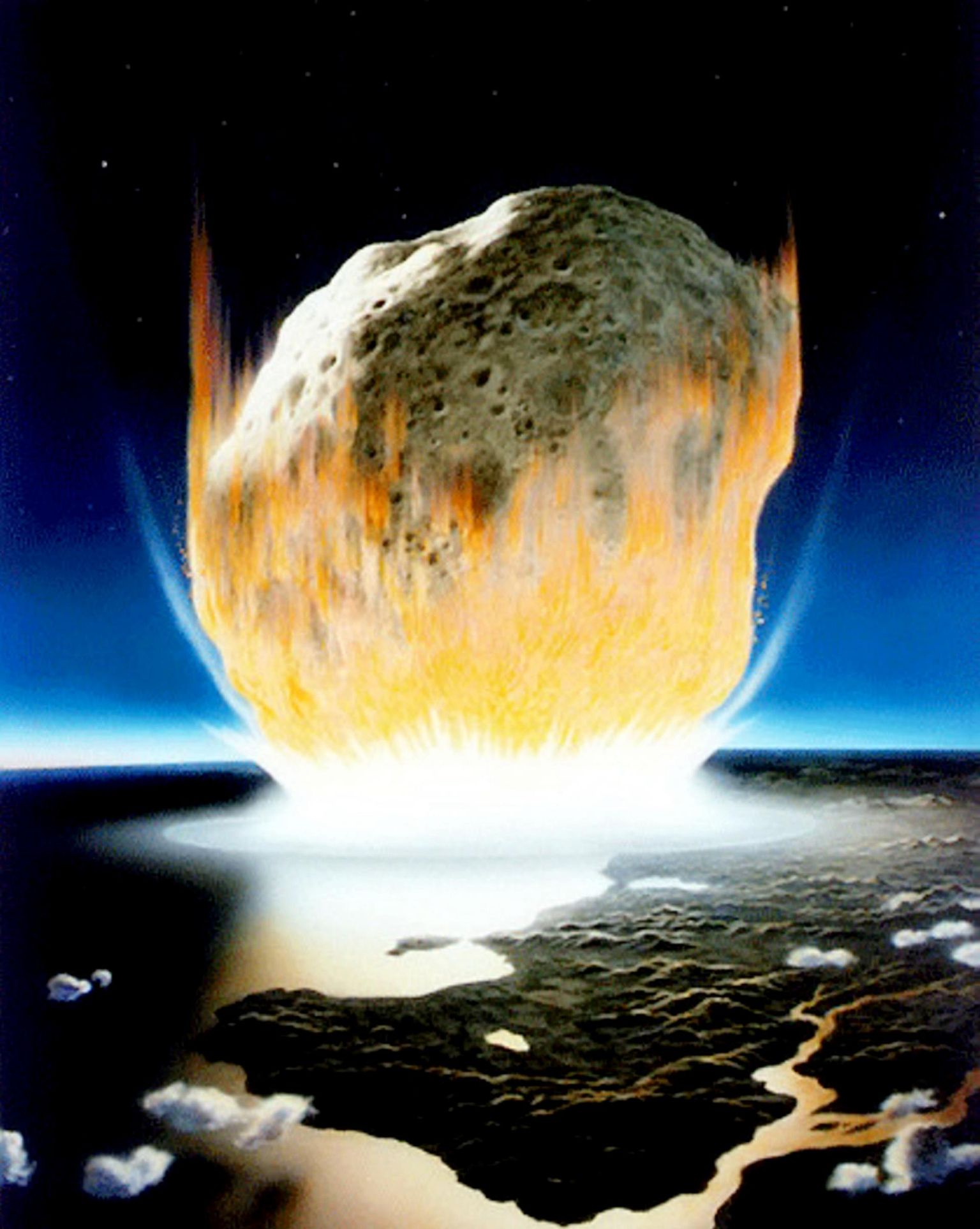 Astereoidi kokkupõrge Maaga. Kunstniku kujutluses on asteroid kõvasti suurem kui tõenäoliselt dinosaurused hävitanud taevakivi. Siiski on tõepäraselt kujutatud kuumust ja vaakumit.