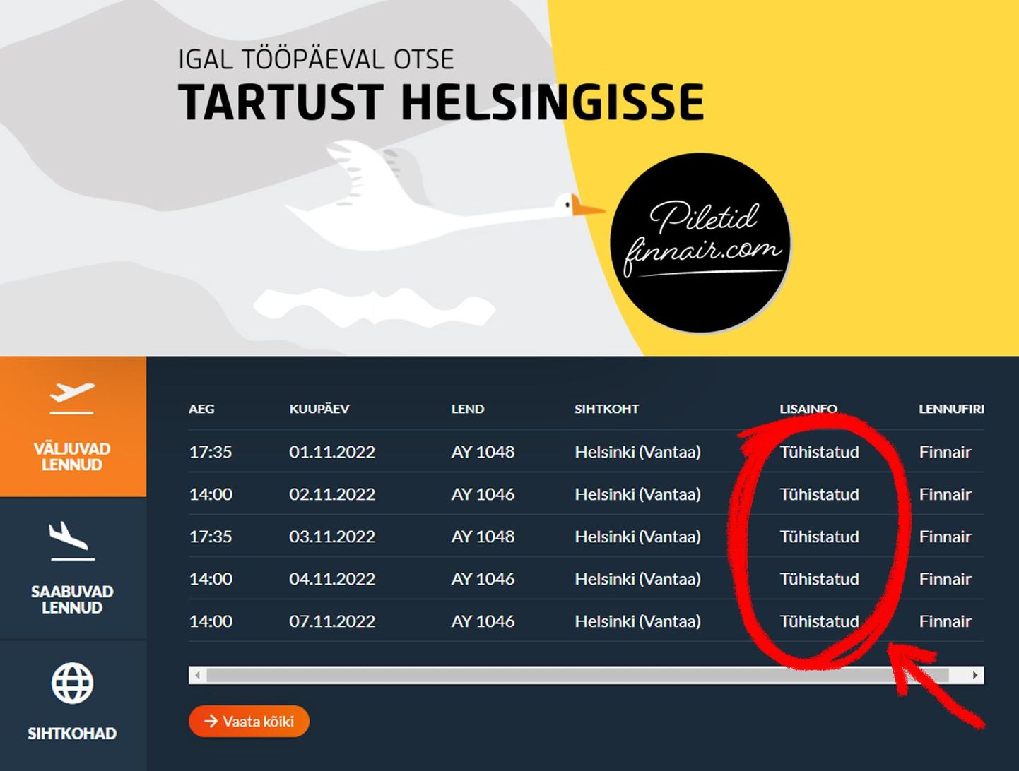 Kuvatõmmis Tartu lennujaama kodulehelt: lennuplaanis ainult tühistatud lennud, aga reklaam Helsingi lendude kohta vilgub edasi.