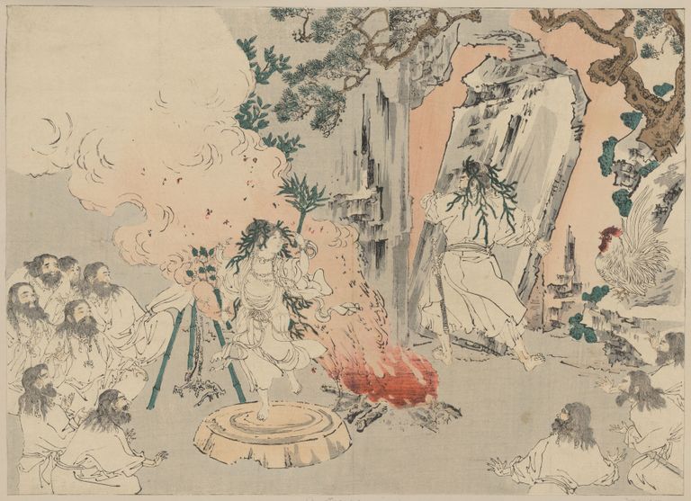 Jaapani 19. sajandi joonistus, millel on kujutatud jumalanna Amaterasut (keskel).