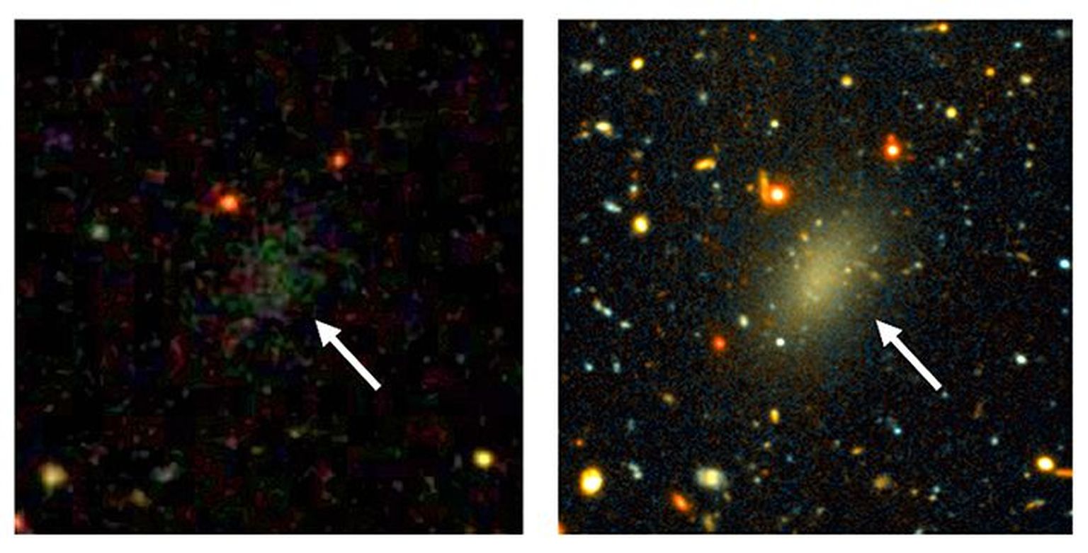 Tumeainet täis Dragonfly 44 galaktika. Vasakpoolsel pildil paistab udukogust vaid õrn hägu. Parempoolsel pika säriajaga Gemini teleskoobiga tehtud pildil paistab aga väikese massiga pea täielikult tumeainest koosnev Dragonfly 44 kogu oma uhkuses.