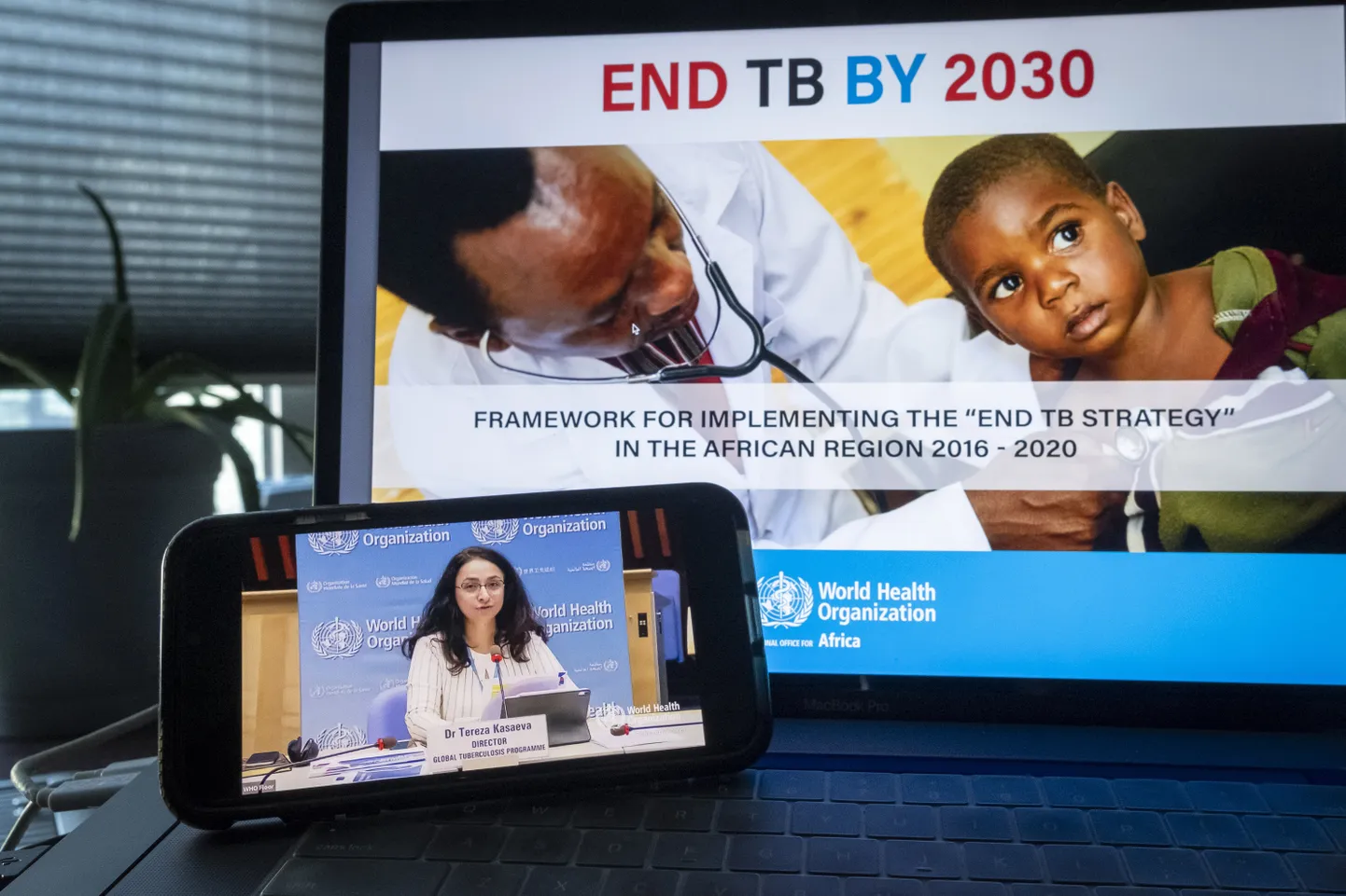 Alumisel vasakpoolsel ekraanil on kõnelemas WHO tuberkuloosiprogrammi juht Tereza Kasaeva.