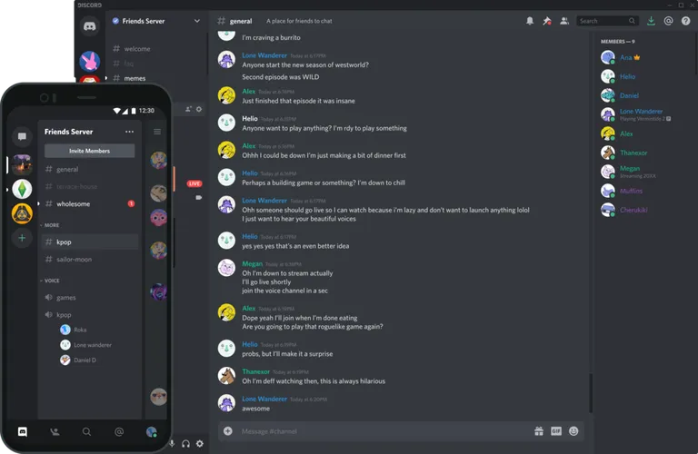 Скриншот чатов на платформе Discord на компьютере и смартфоне