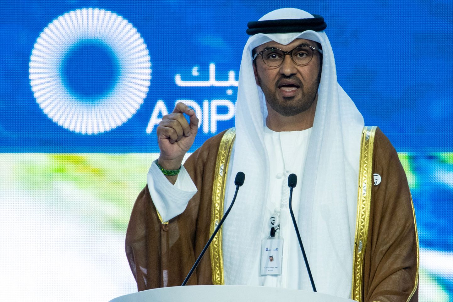 Kliimakonverentsi võõrustav sultan Ahmed al-Jaber peab rahvusvahelisel naftapuurimist käsitleval konverentsil kõnet. 2. oktoober 2023.