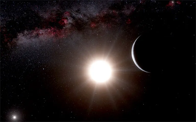Mākslinieka interpretācija: planēta Centaura Alfa sistēmā. Attēla augšējā labajā stūrī spilgtākā zvaigzne - Saule 