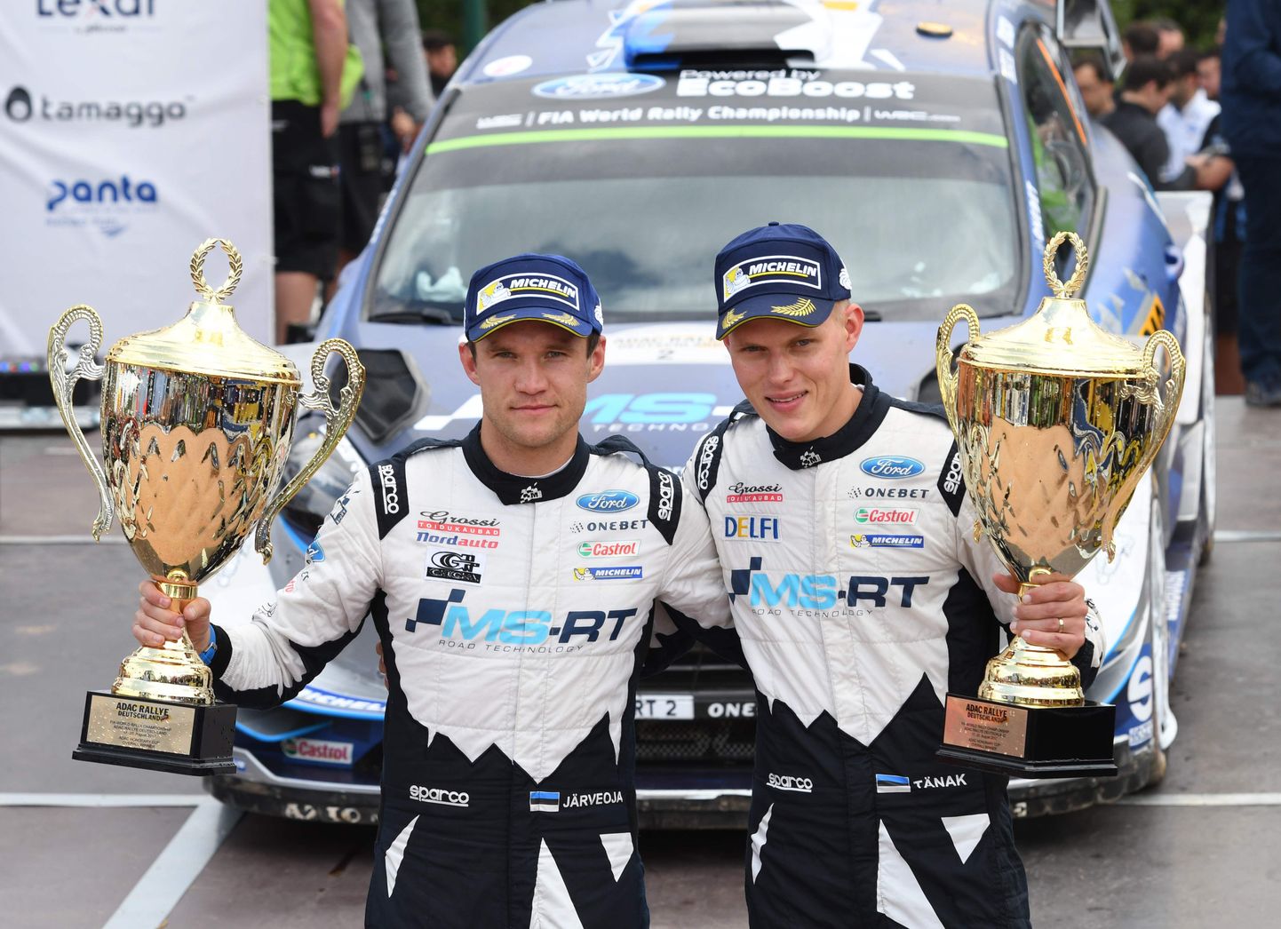 Martn Järveoja (vasakul) ja Ott Tänak võitsid Saksamaal karjääri teise MM-ralli WRC-klassis.