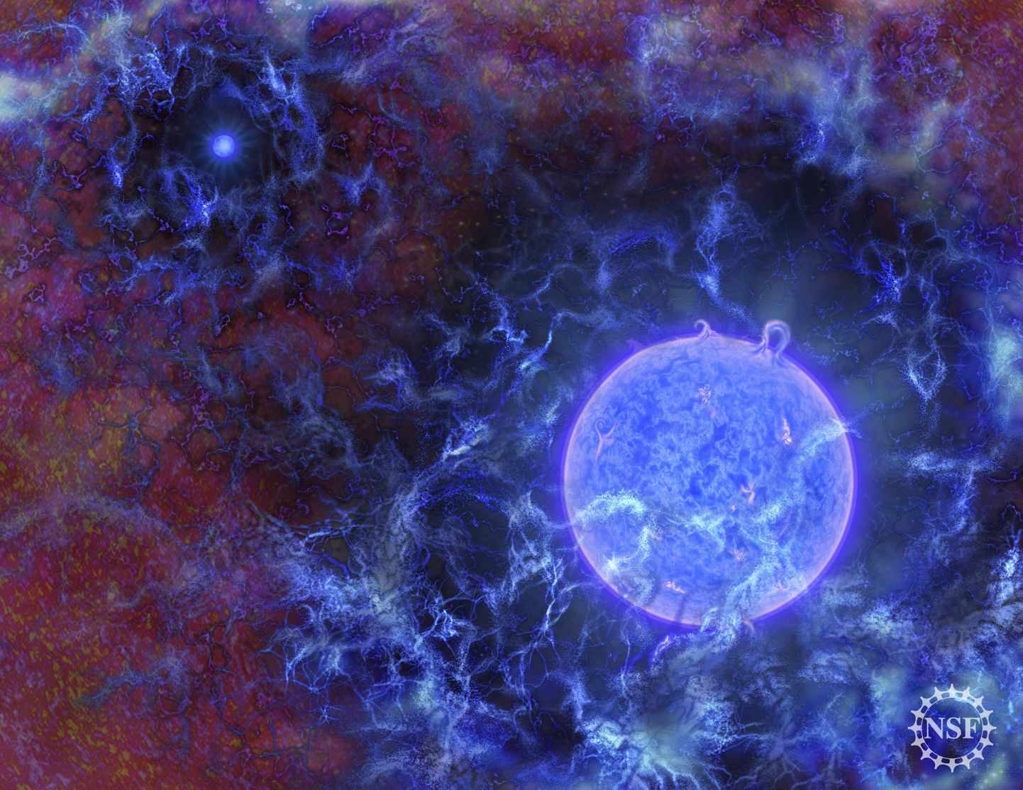 Kunstniku nägemus vastsündinud universumi esimestest sinakatest tähtedest