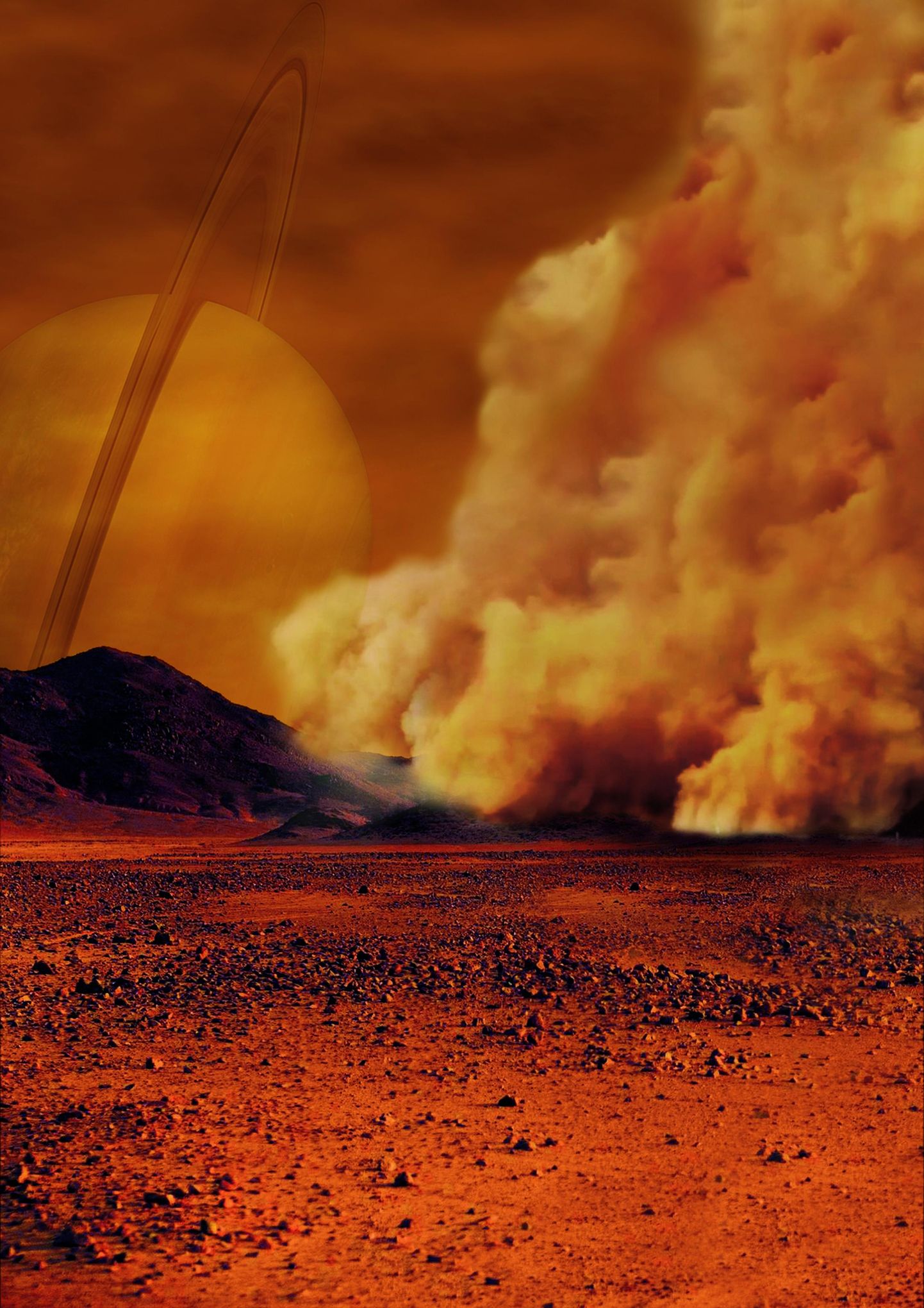 Mākslinieka interpretācija par putekļu vētru uz Titāna.