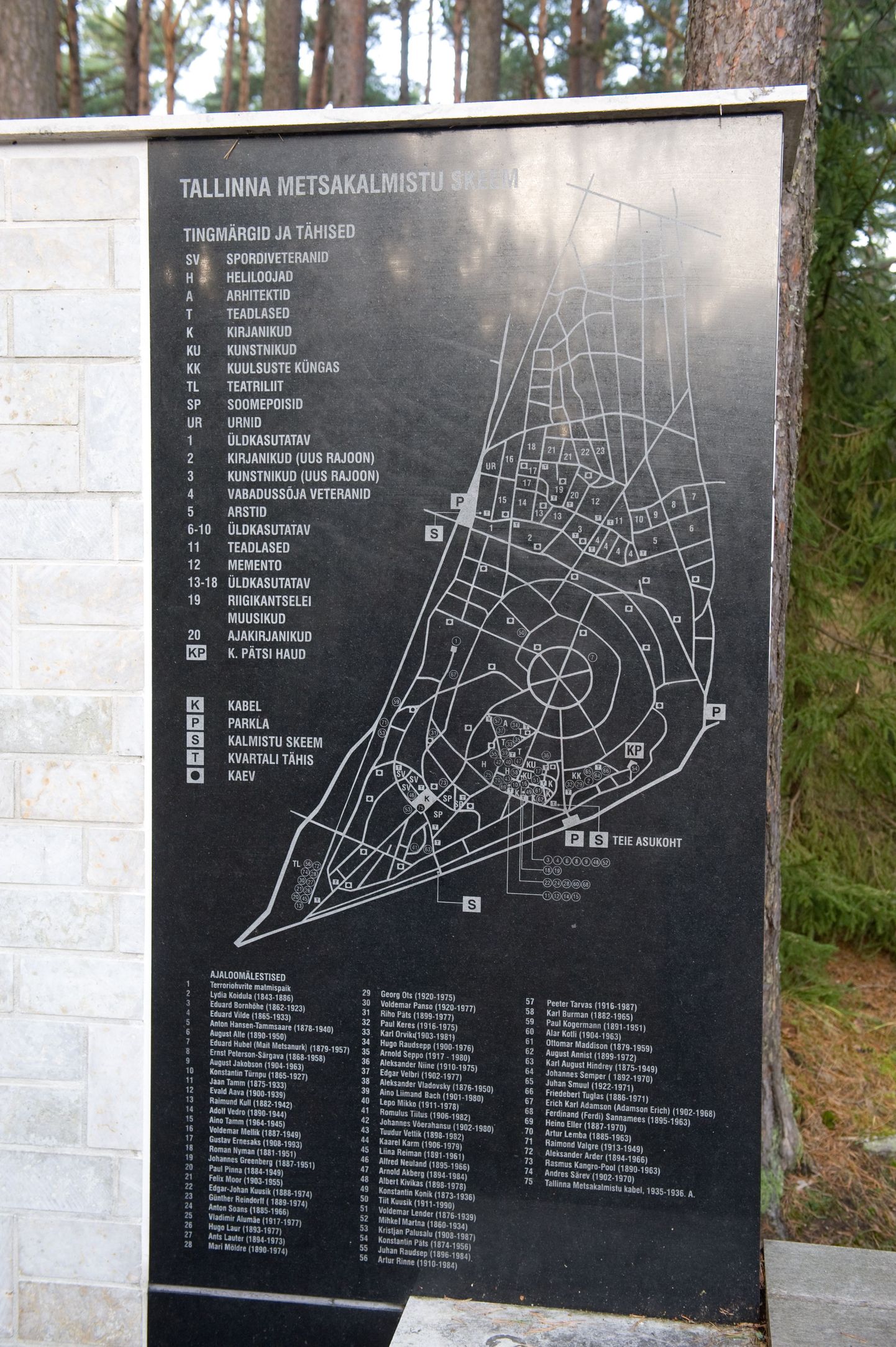 Infotahvel Metsakalmistul aitab tuntud inimeste haudu üles leida.