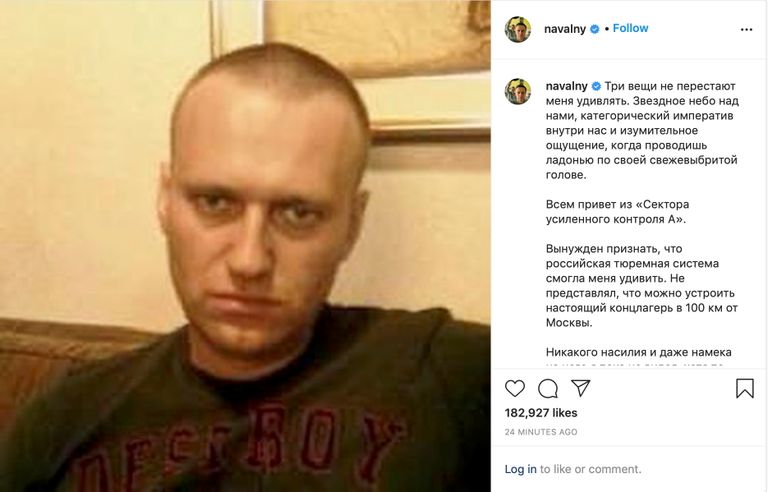 Kuvatõmmis Aleksei Navalnõi esimesest Instagrami postitusest, mille ta tegi karistuskolooniast