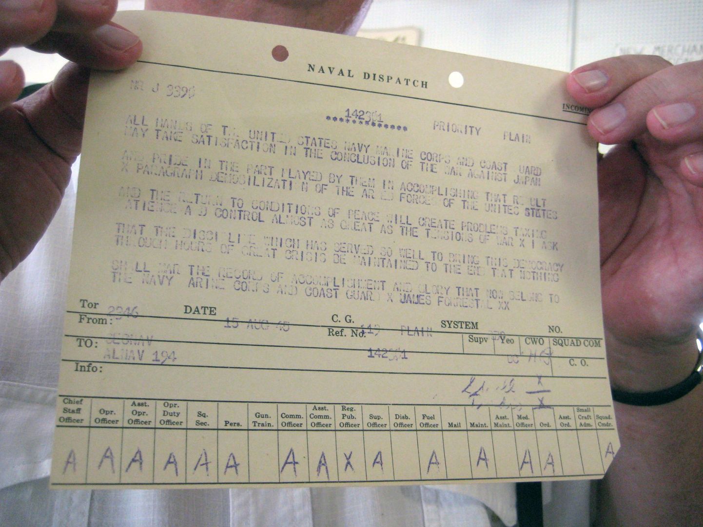 USAs Pennsylvanias Millville´is müüdi oksjonil USA mereväe telegramm, mis teatas Jaapani sõjategevuse lõppemisest 1945. aastal