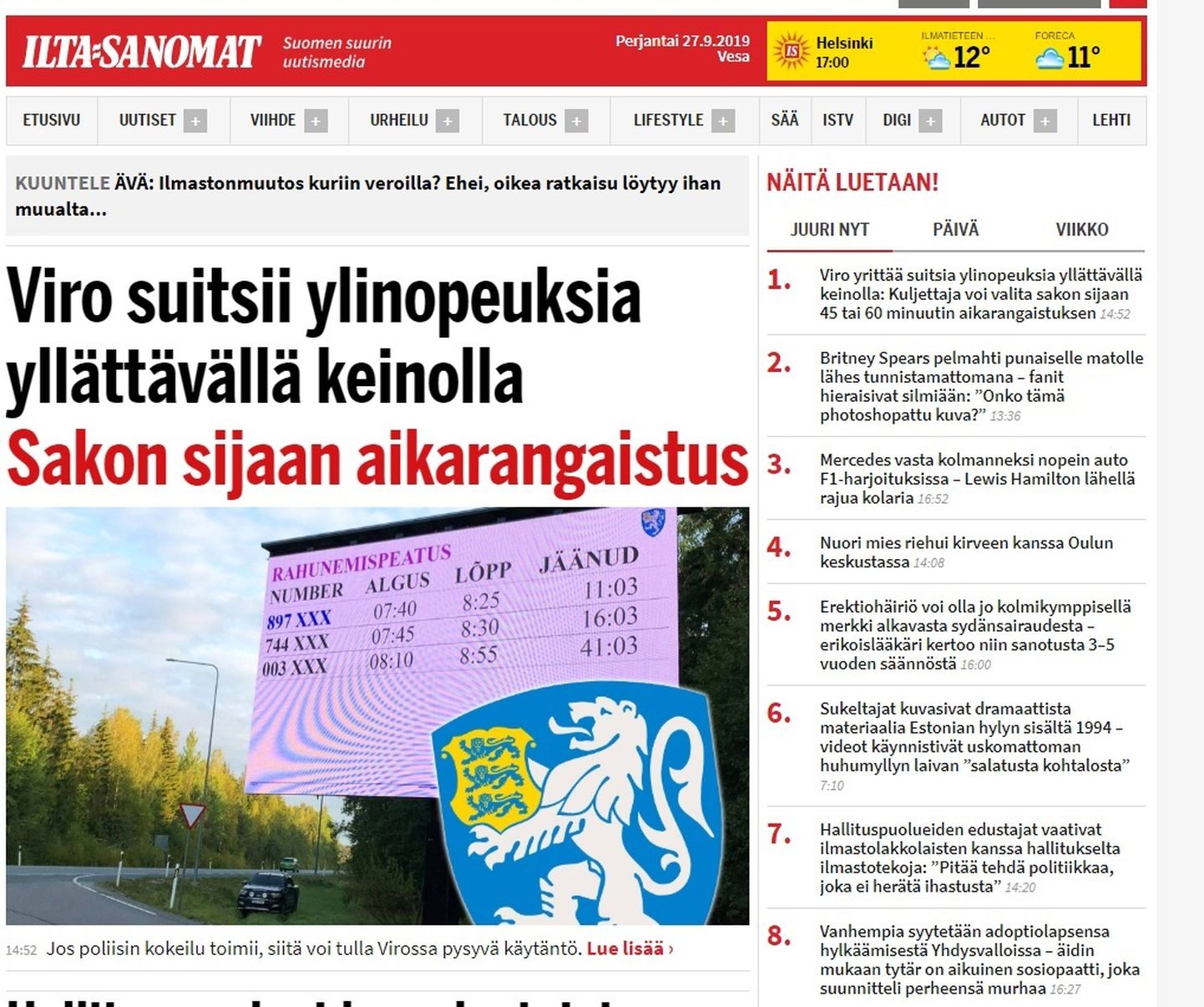 Ilta-Sanomati veebilehe esiuudiseks on Eesti politsei poolt katsetatav rahunemispeatus.