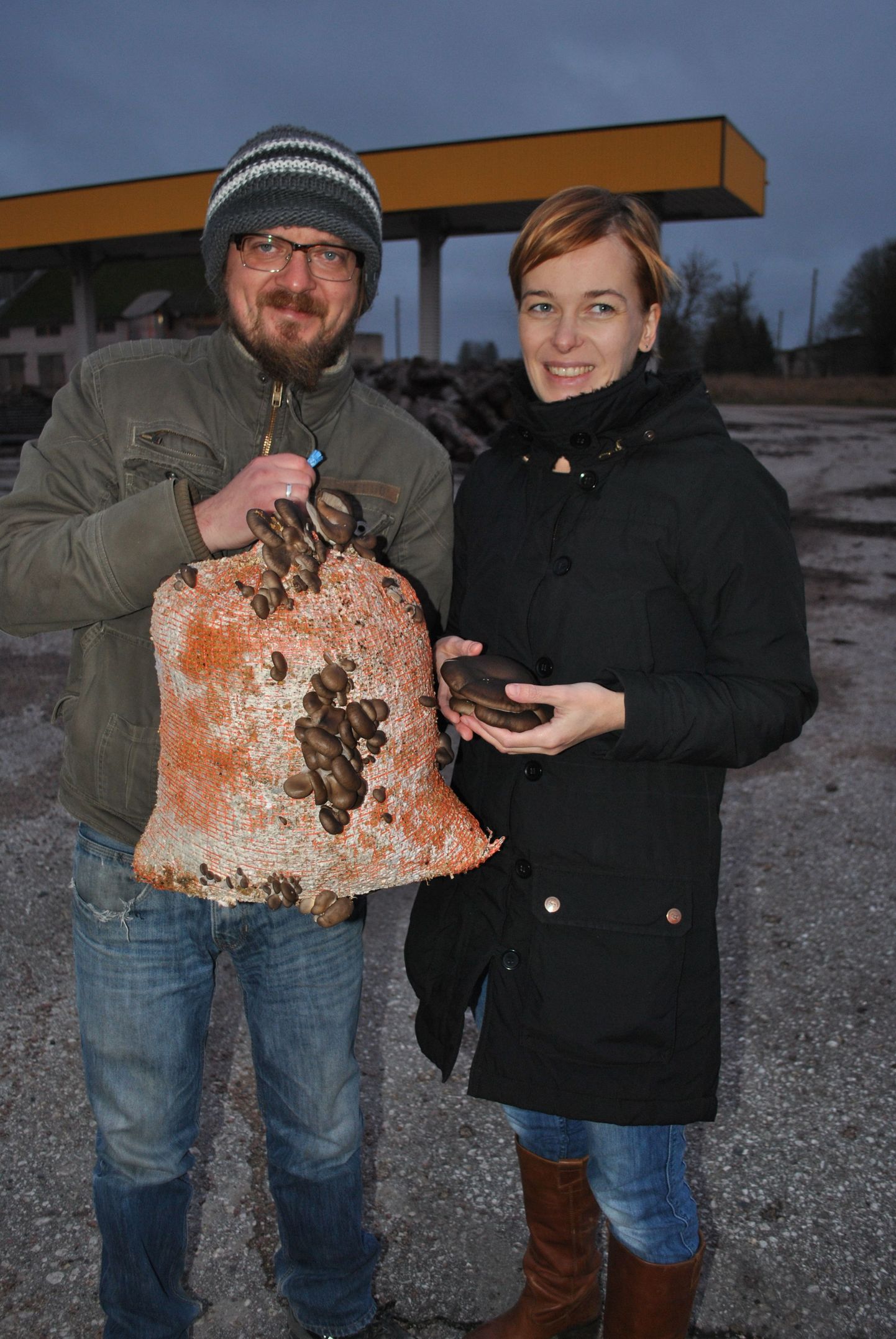 Siim Paimets ja Reelika Räim näitavad Ahulas oma tootmishoone ees välja visatud seenekasvatuskotte – muidu heledat värvi austerservikud on külma õhu käes tumepruuniks värvunud.