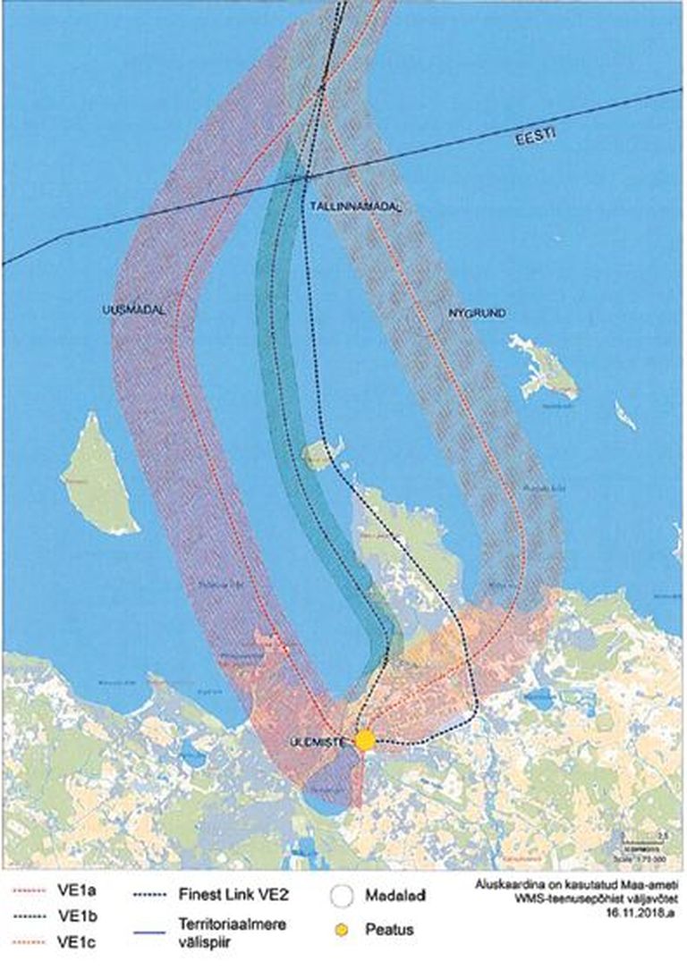 Варианты маршрутов железнодорожного туннеля с предполагаемым расположением искусственных островов в Эстонии.