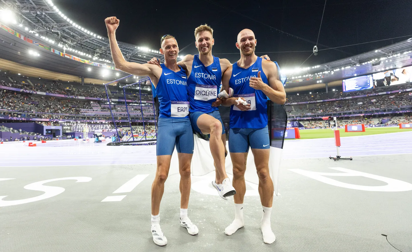 Eesti kümnevõistlejad Johannes Erm (vasakult), Janek Õiglane ja Karel Tilga tegid kõik Pariisis võimsa võistluse.