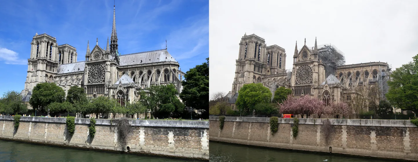 Notre-Dame 13. juunil 2017 ja 16. aprillil 2019 (paremal)