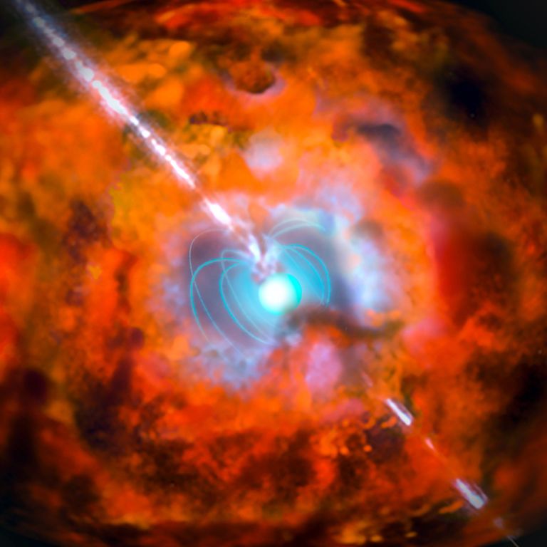 Euroopa Lõunapoolkera Observatooriumi kunstniku kujutis supernoovast ja sellest välja kiirguvatest gammakiirtest.  ESO/AFP/Scanpix